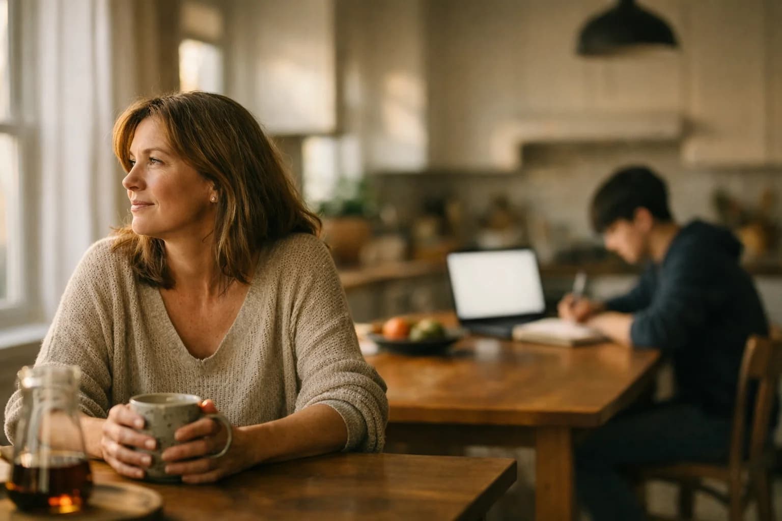 A mother with a coffee at the kitchen table while her kid works alone in the background