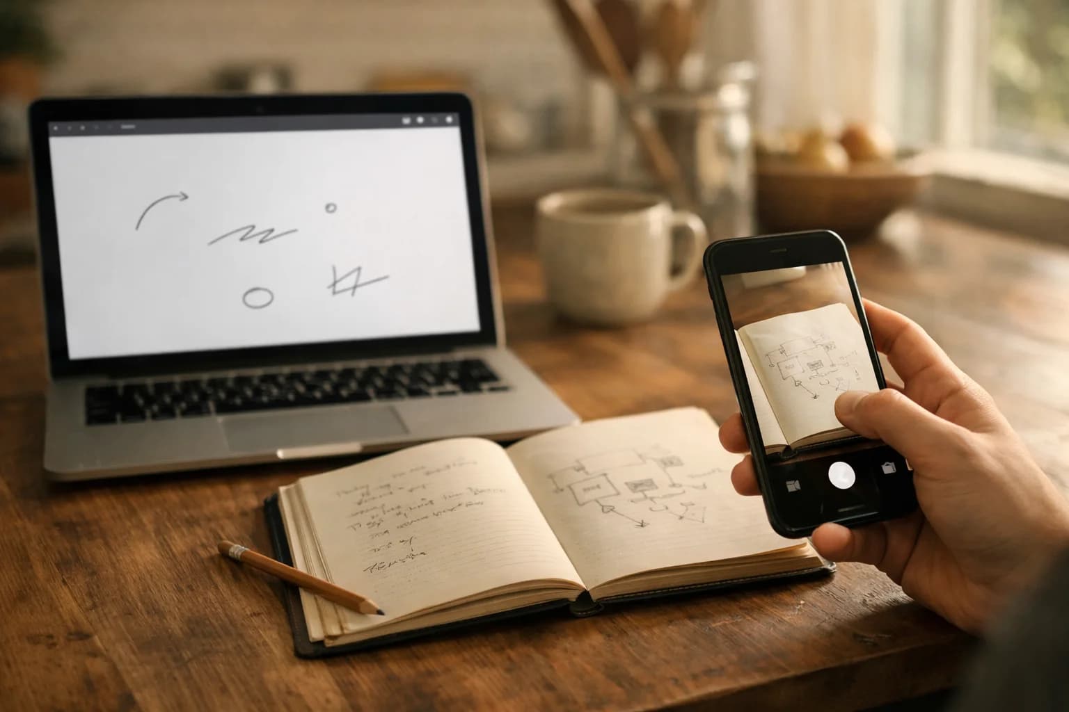 A laptop showing the whiteboard, an open notebook, and a phone photographing the page