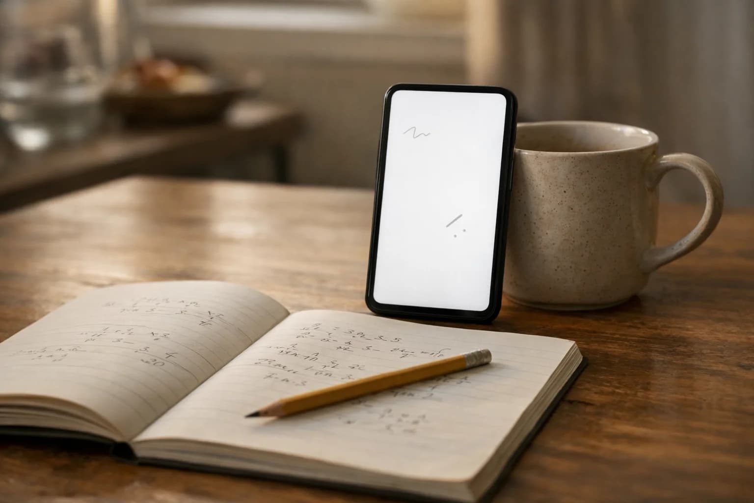 A phone propped against a mug next to a notebook and pencil