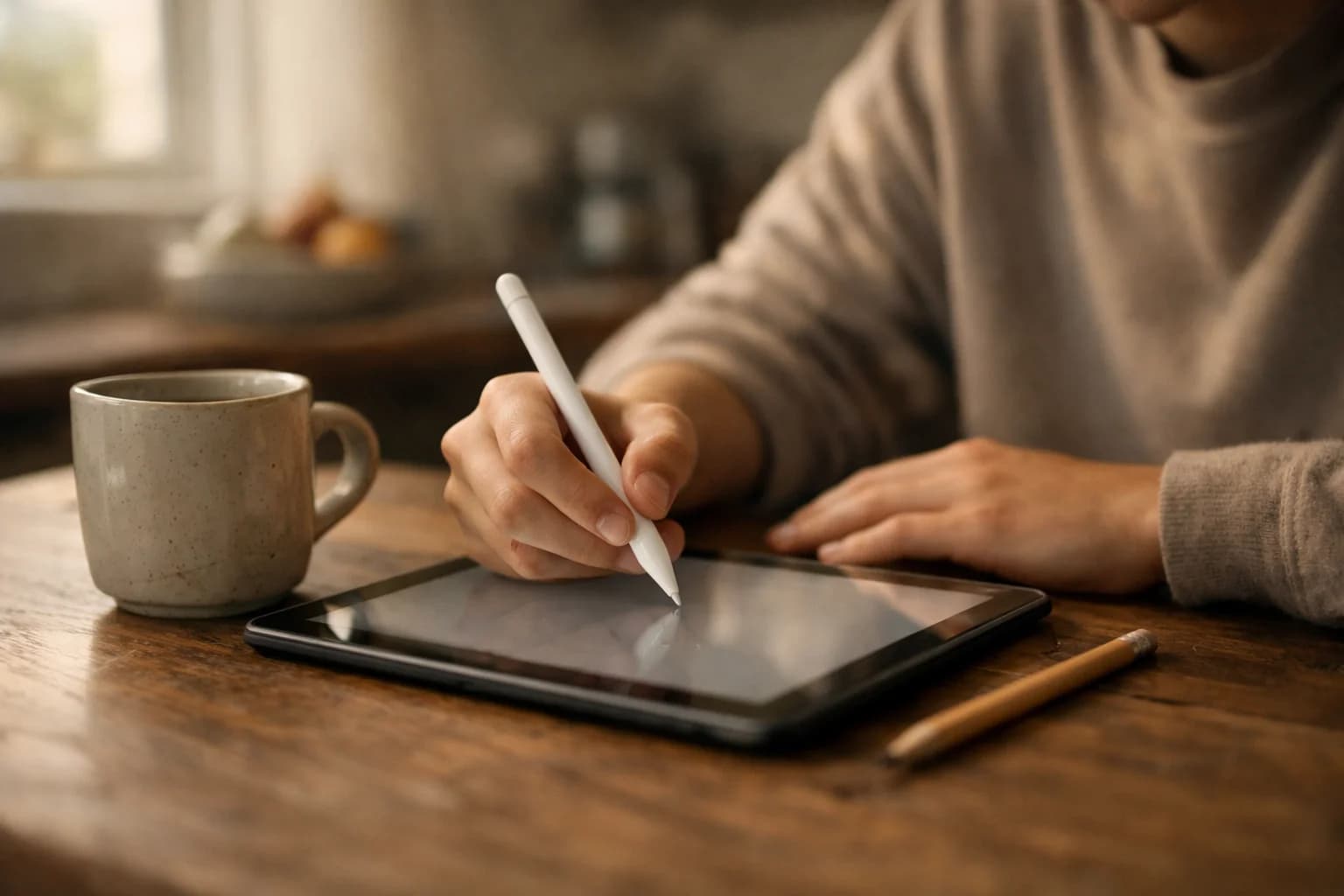A teenager writing math on a tablet with a stylus