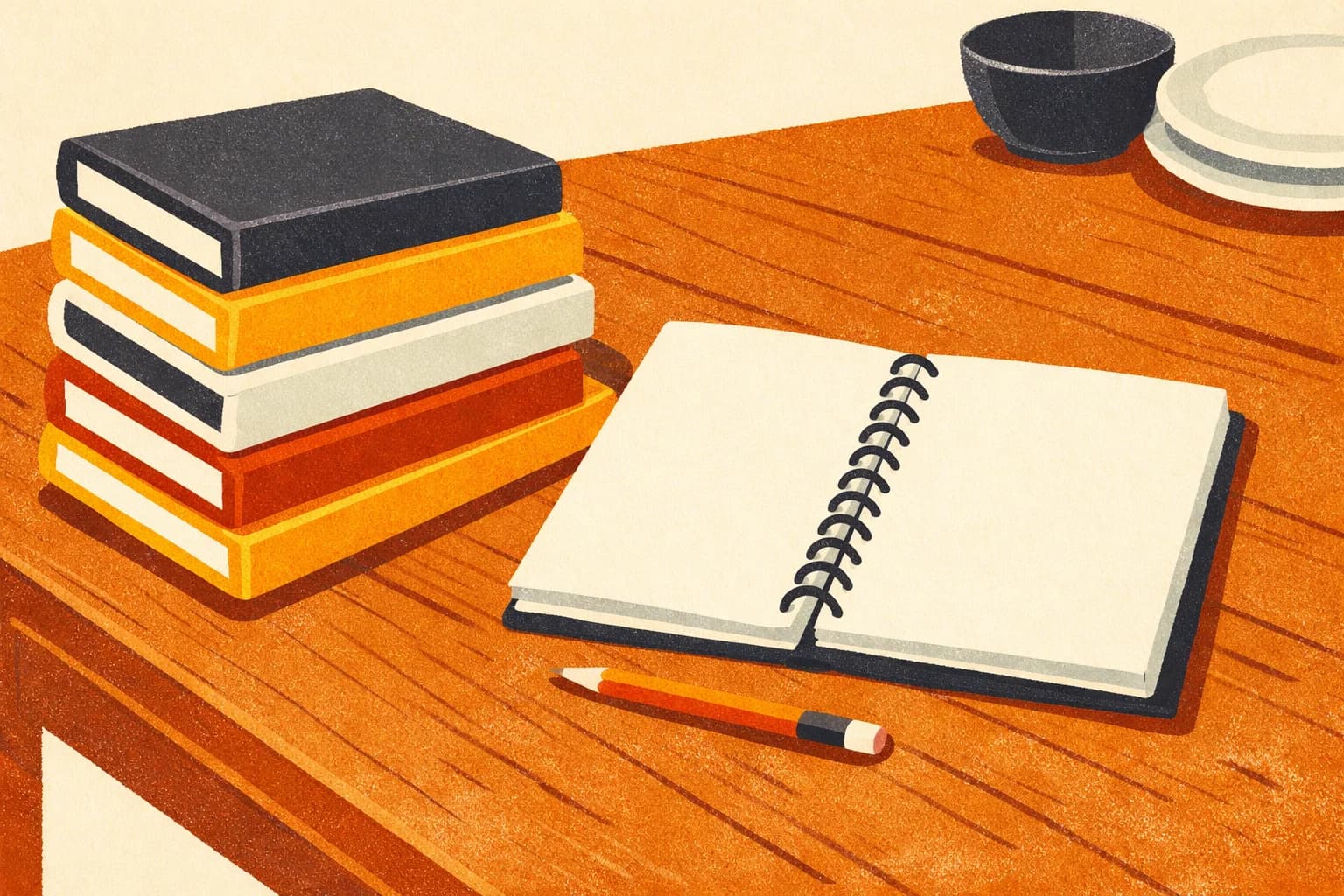 A stack of five math textbooks next to a blank notebook and a pencil
