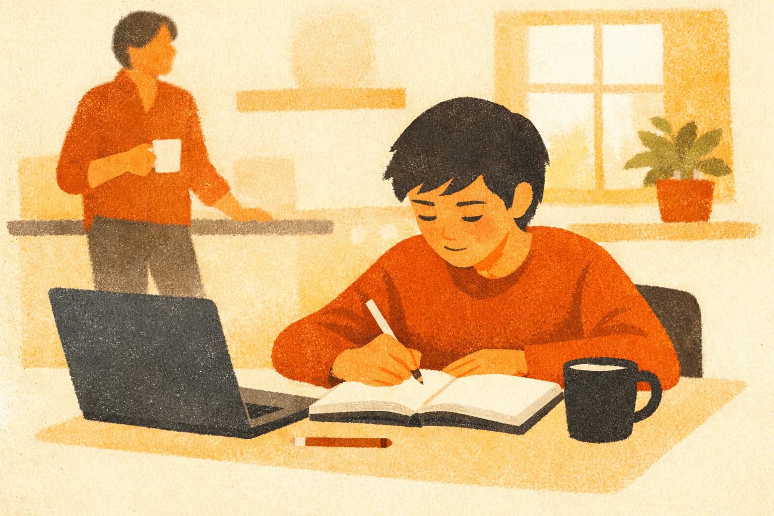 A teenager working alone at the kitchen table while a parent has coffee