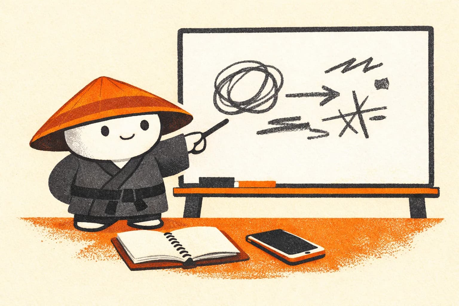Sensei explaining at a whiteboard, a notebook and a phone on the table